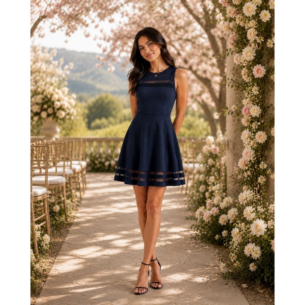 Lulu's Navy Fit & Flare Dress Sheer Bodice Office Special Occasion– Size Medium